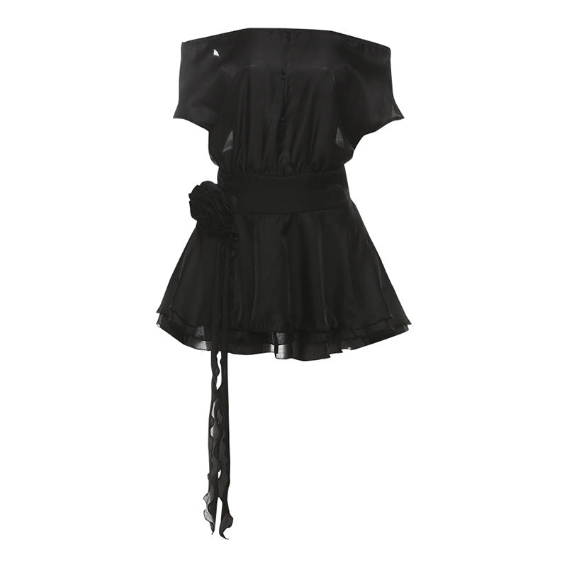 Women's mesh flower waist cinching sexy backless one shoulder jumpsuit short skirt