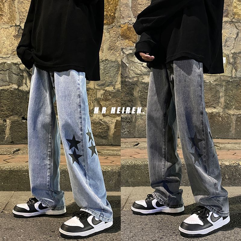 European and American high street Vibe pants Instagram trendy pentagram smoke gray jeans men's loose straight leg wide leg pants autumn and winter