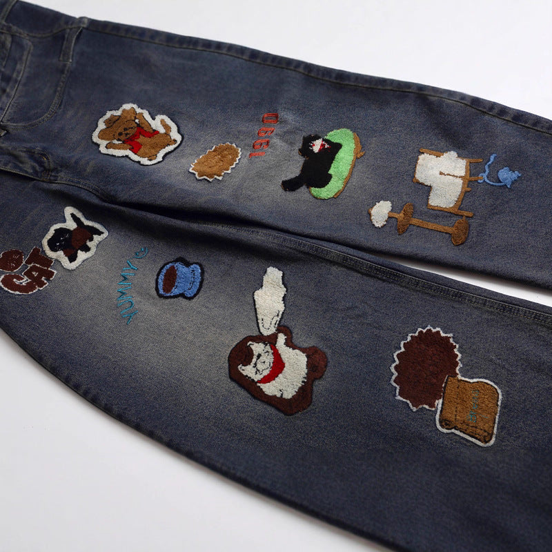 Vintage Cartoon Towel Embroidery Washed Knife-Edge Jeans Men Autumn Pendant Design Loose Wide-Leg Pants