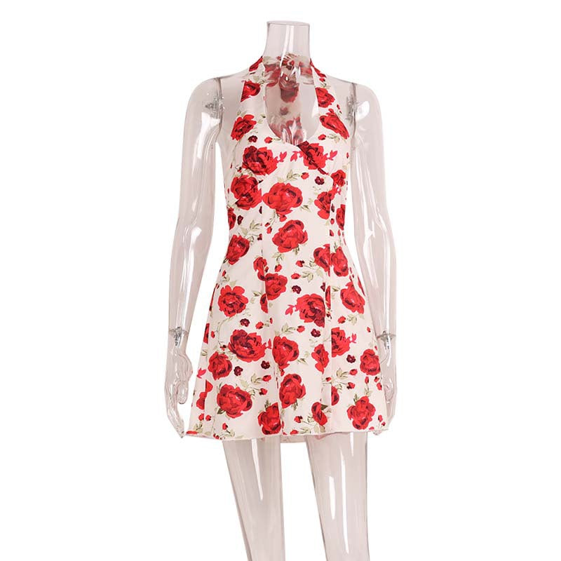 Printed neck hanging backless waist cinching dress