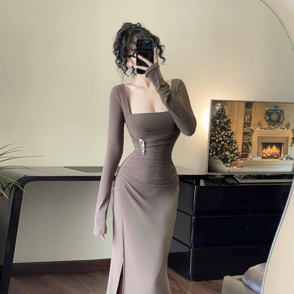 Square neck metal long sleeved dress for women