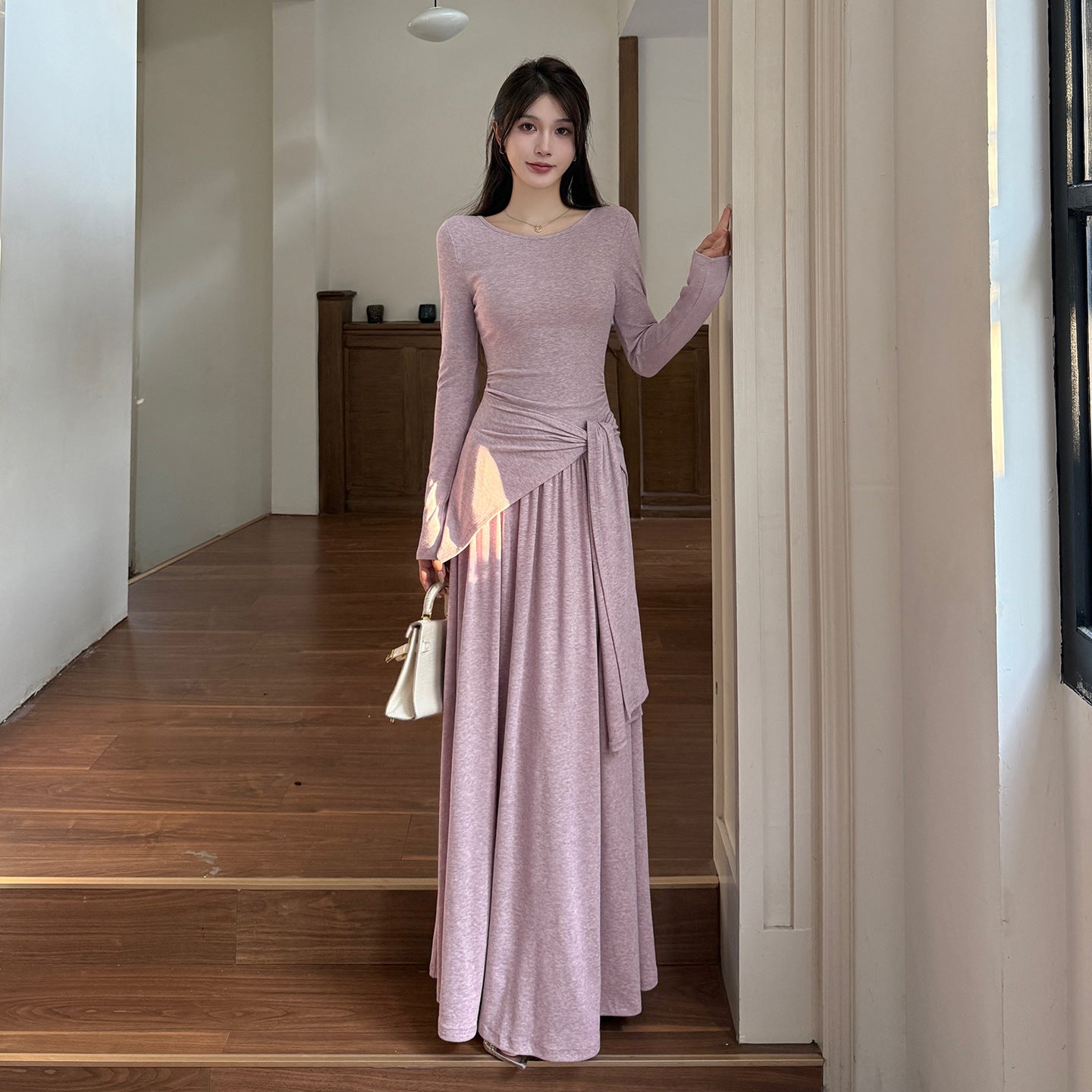 Waist up long sleeved simple lazy style big swing dress