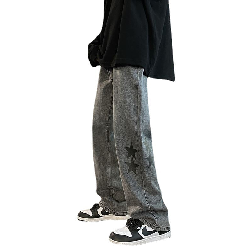 European and American high street Vibe pants Instagram trendy pentagram smoke gray jeans men's loose straight leg wide leg pants autumn and winter