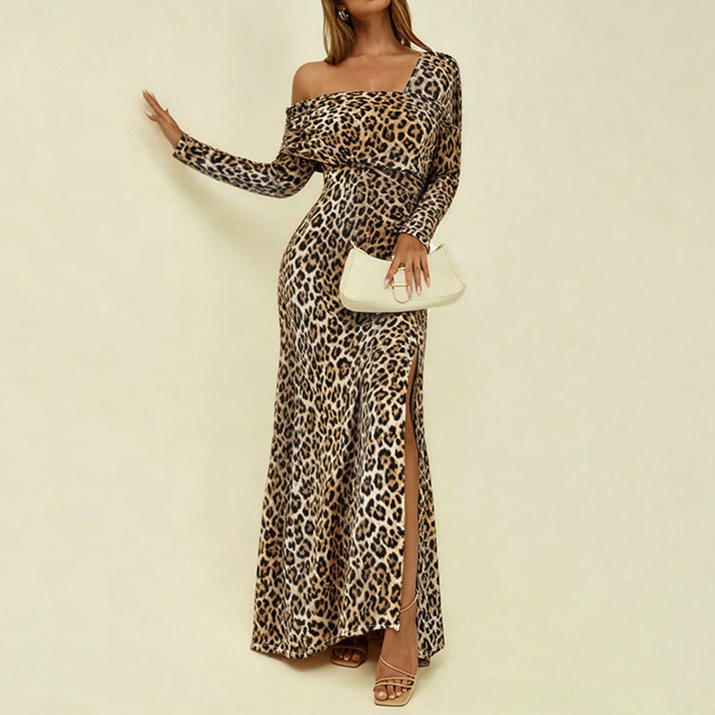 Square neck sexy leopard print slim fit dress