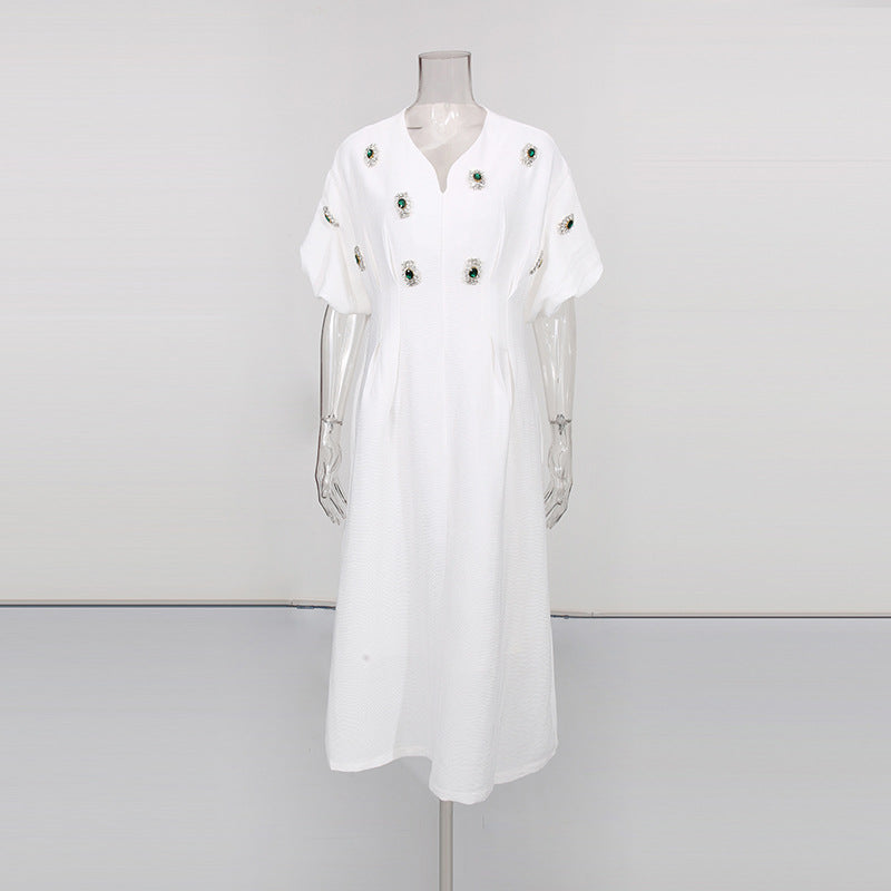 V-neck raglan sleeves with gemstone inlay mid length skirt