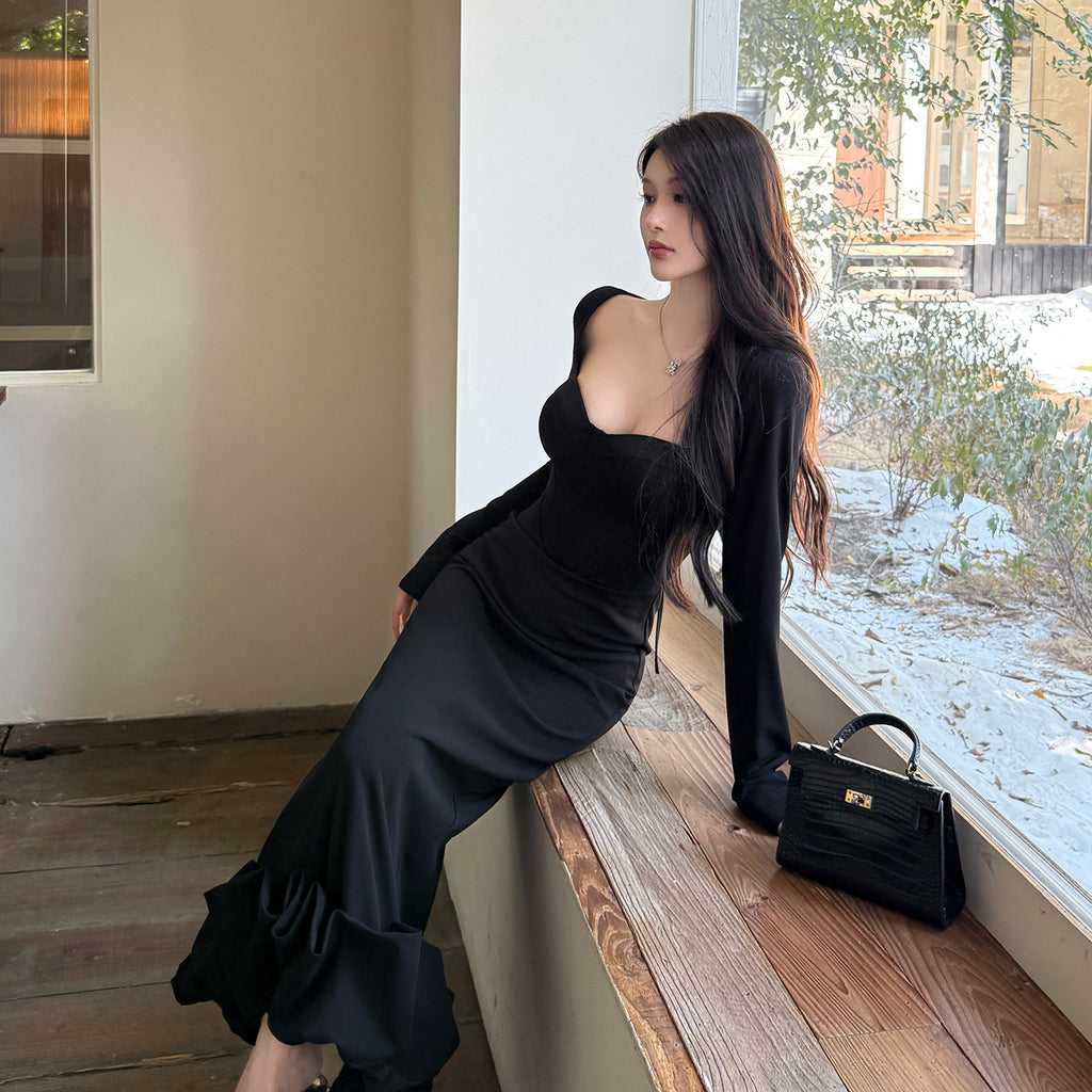 Long sleeved floral bud sexy waist design dress