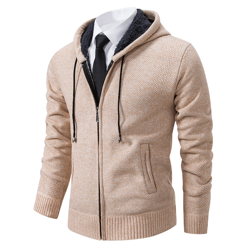 Autumn and winter men's cardigan sweater men's knitted sweater hooded and velvet casual men's knitted jacket