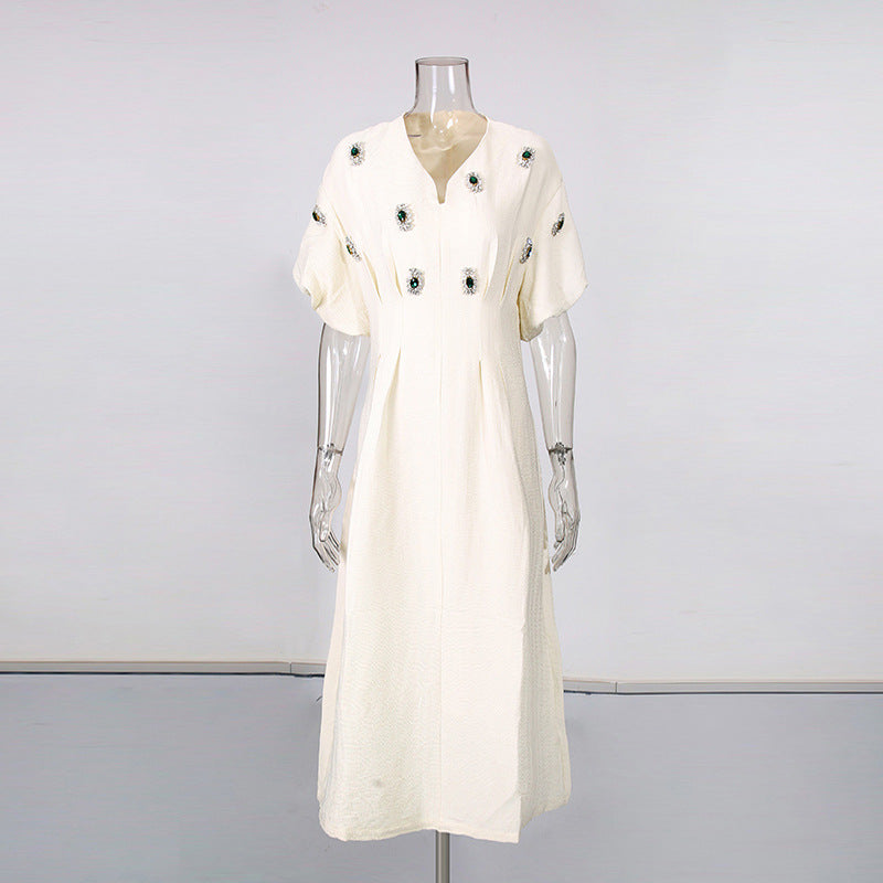 V-neck raglan sleeves with gemstone inlay mid length skirt