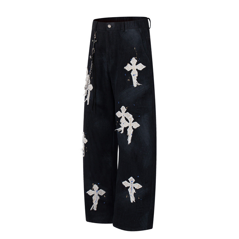 Street Style Luxury Cross Patch Embroidery Color Splatter Hand-painted Straight Leg Hip-hop Loose Jeans