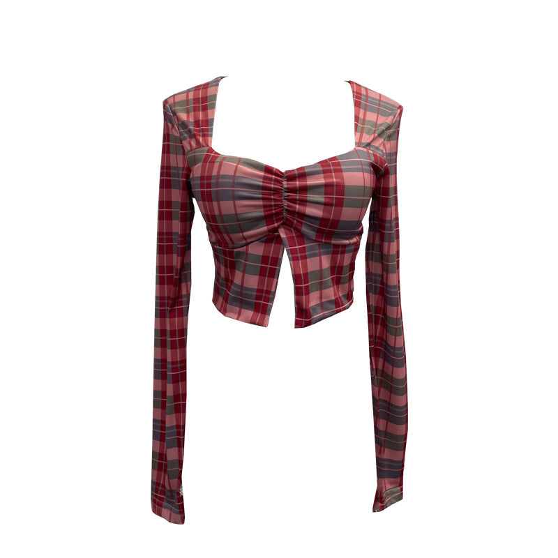 Square Neck Slit Plaid Short Crop Top