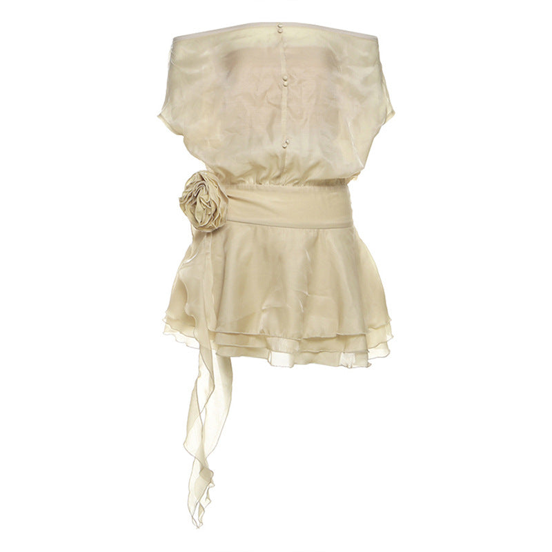 Women's mesh flower waist cinching sexy backless one shoulder jumpsuit short skirt