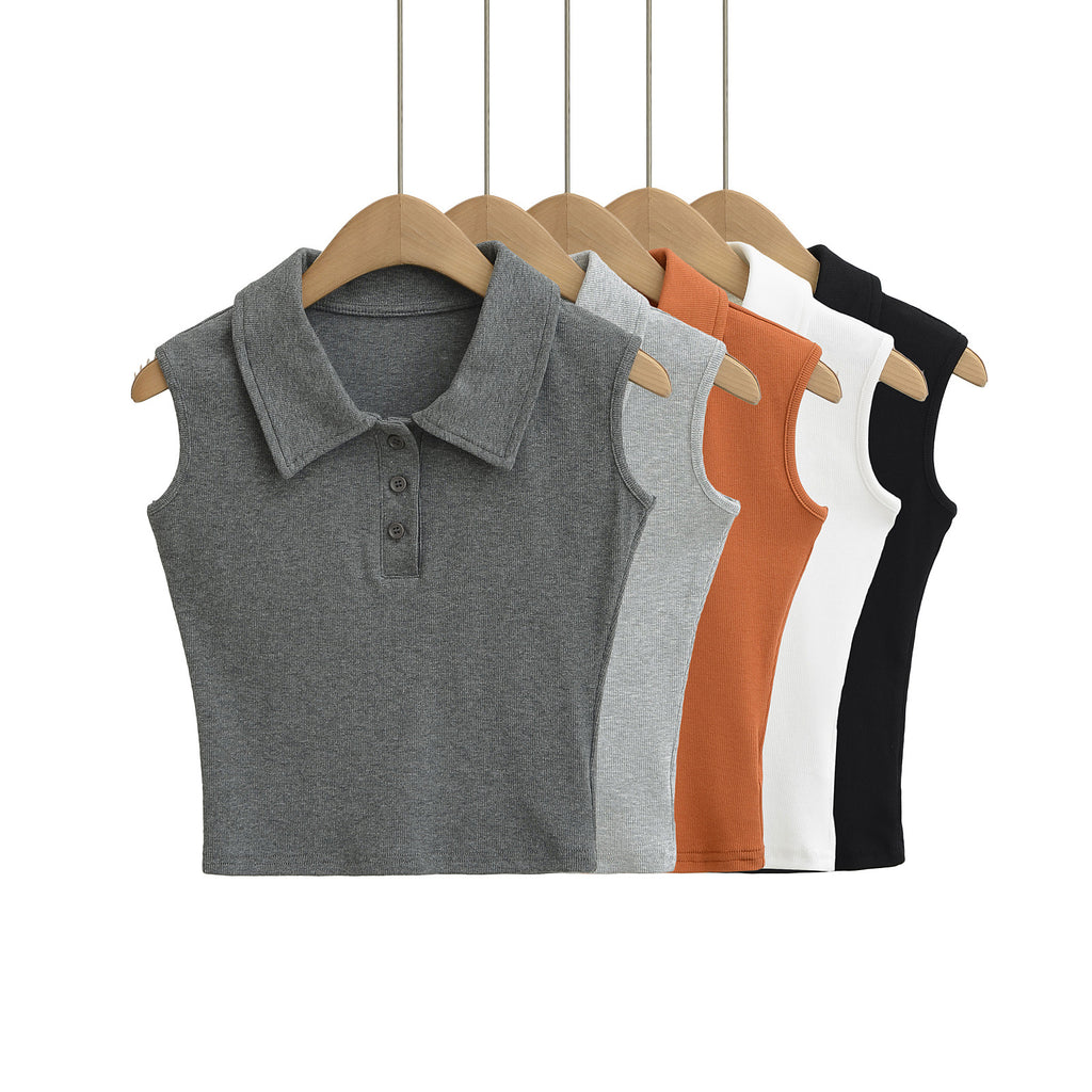 Polo Collar Buttoned Sleeveless Short Crop Top