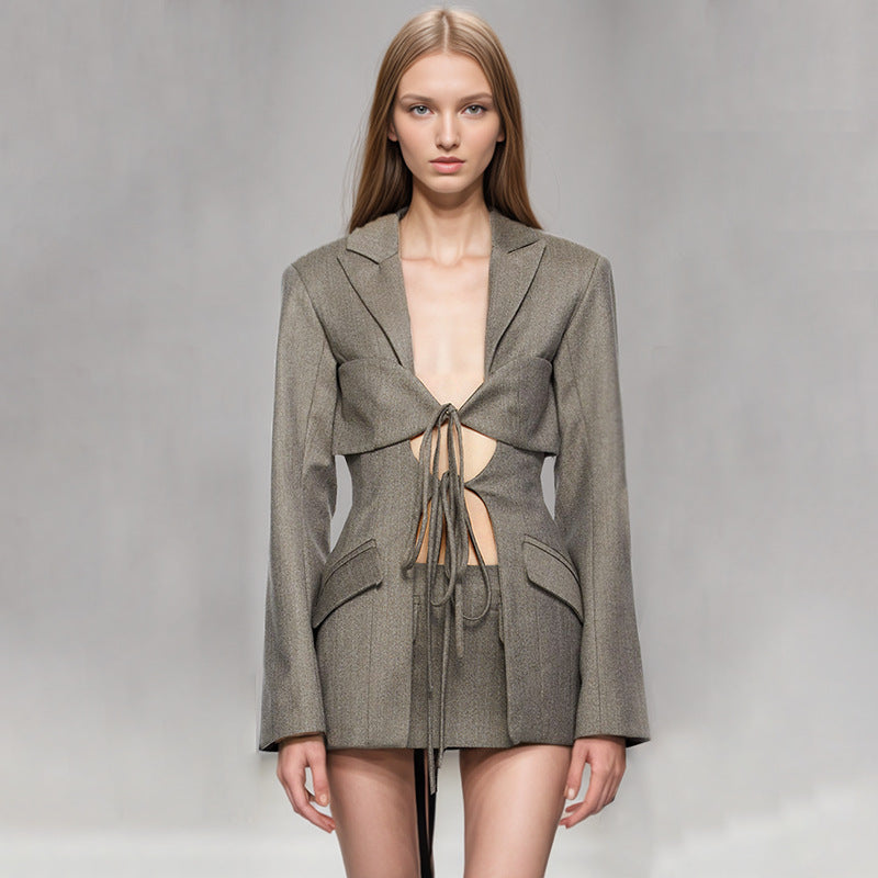 Irregular suit hollowed out lace up suit jacket for women