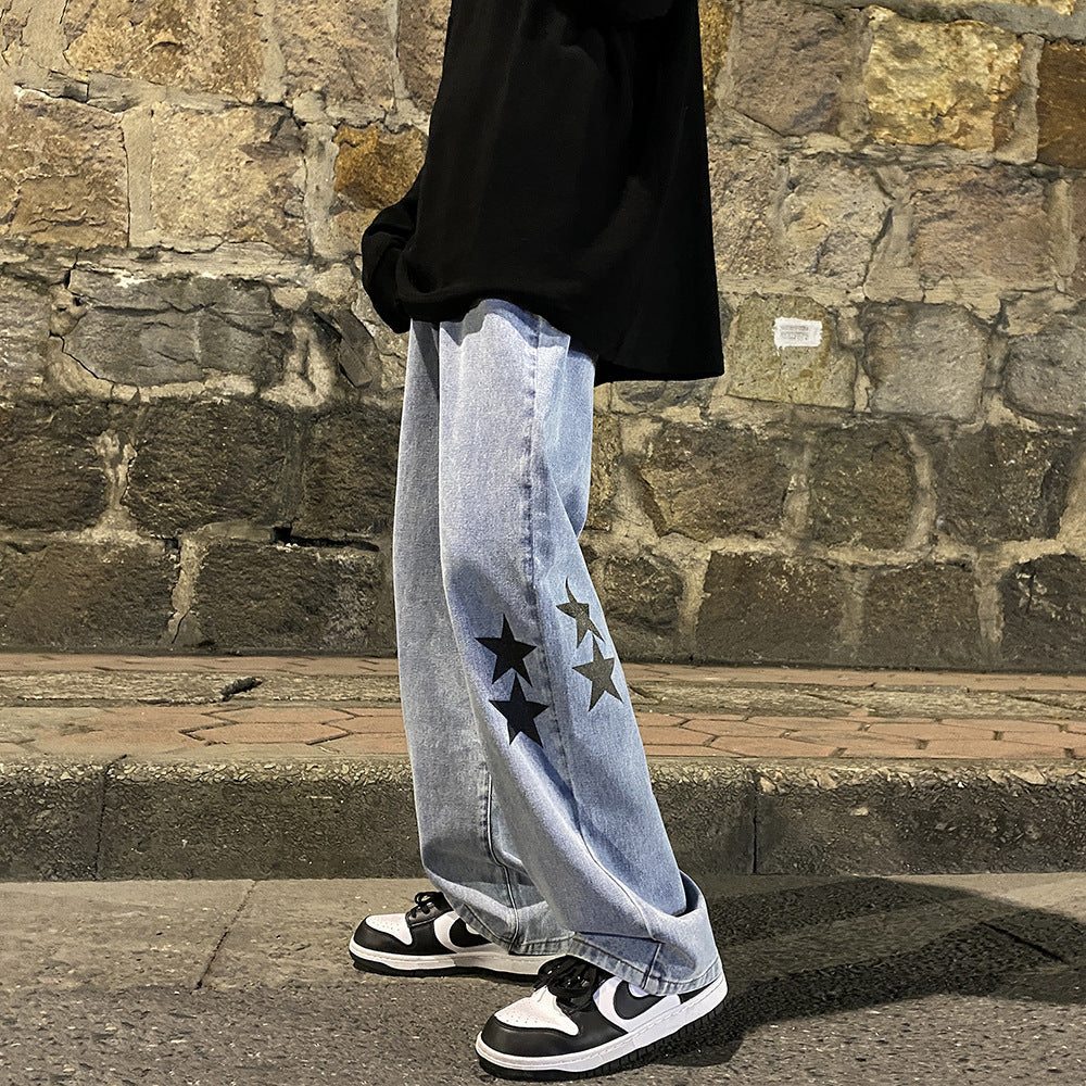 European and American high street Vibe pants Instagram trendy pentagram smoke gray jeans men's loose straight leg wide leg pants autumn and winter