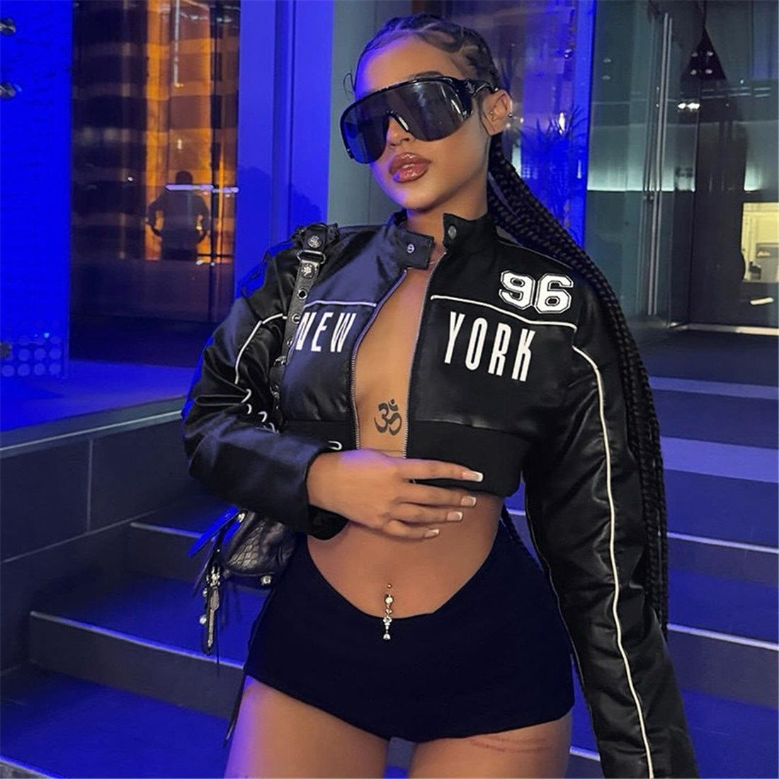 Short zipper leather jacket with printed patchwork for women