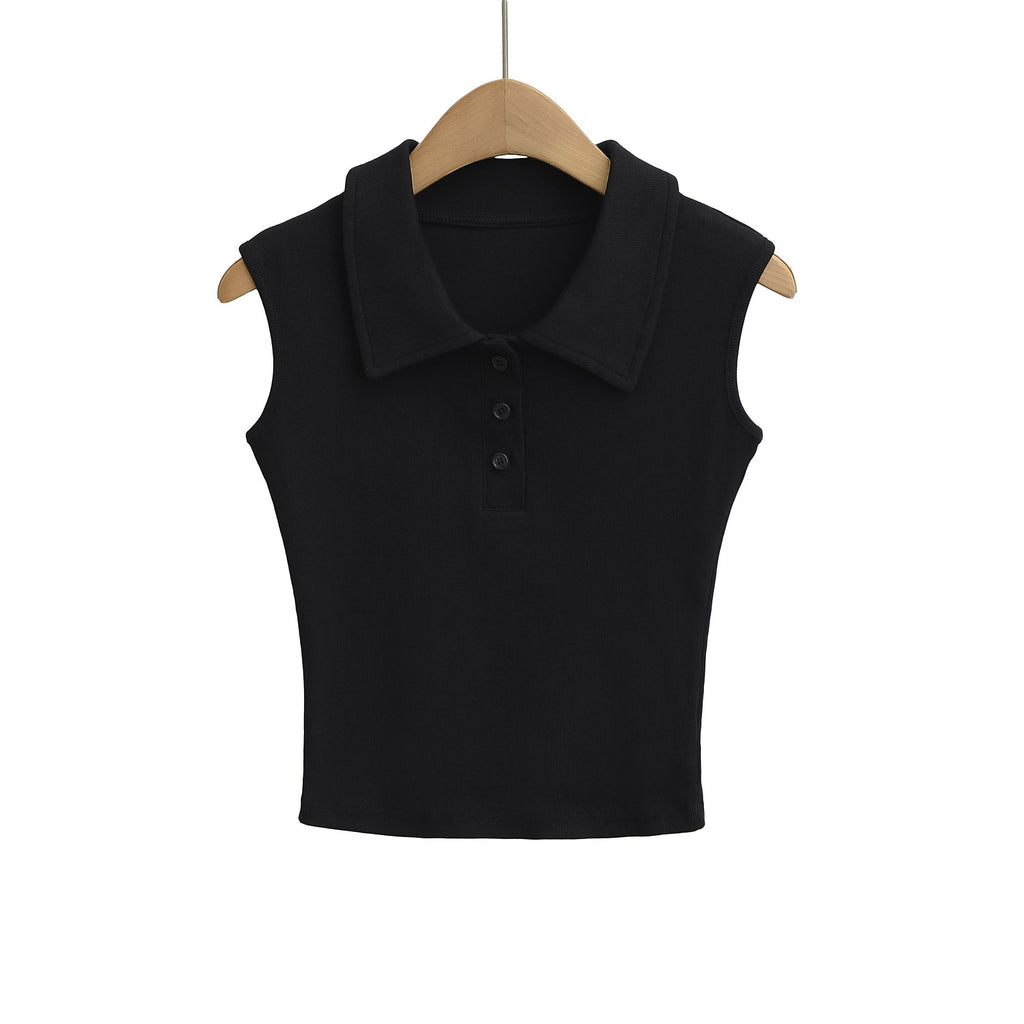 Polo Collar Buttoned Sleeveless Short Crop Top