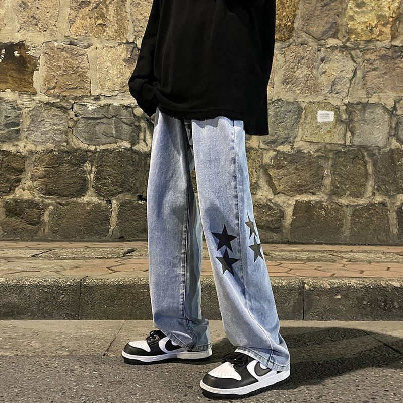 European and American high street Vibe pants Instagram trendy pentagram smoke gray jeans men's loose straight leg wide leg pants autumn and winter