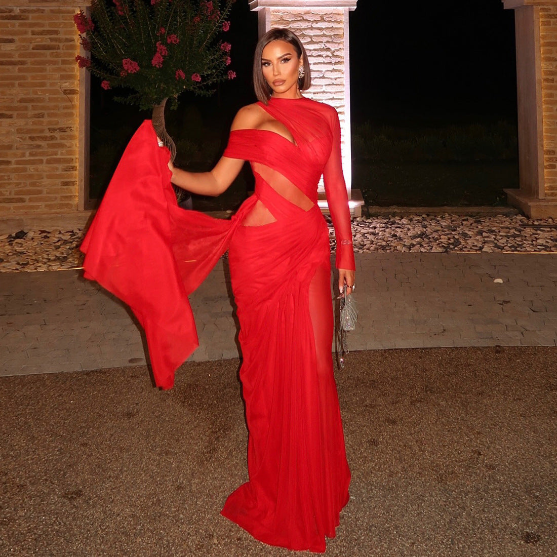 Slim fit perspective off shoulder irregular ribbon solid color dress for women