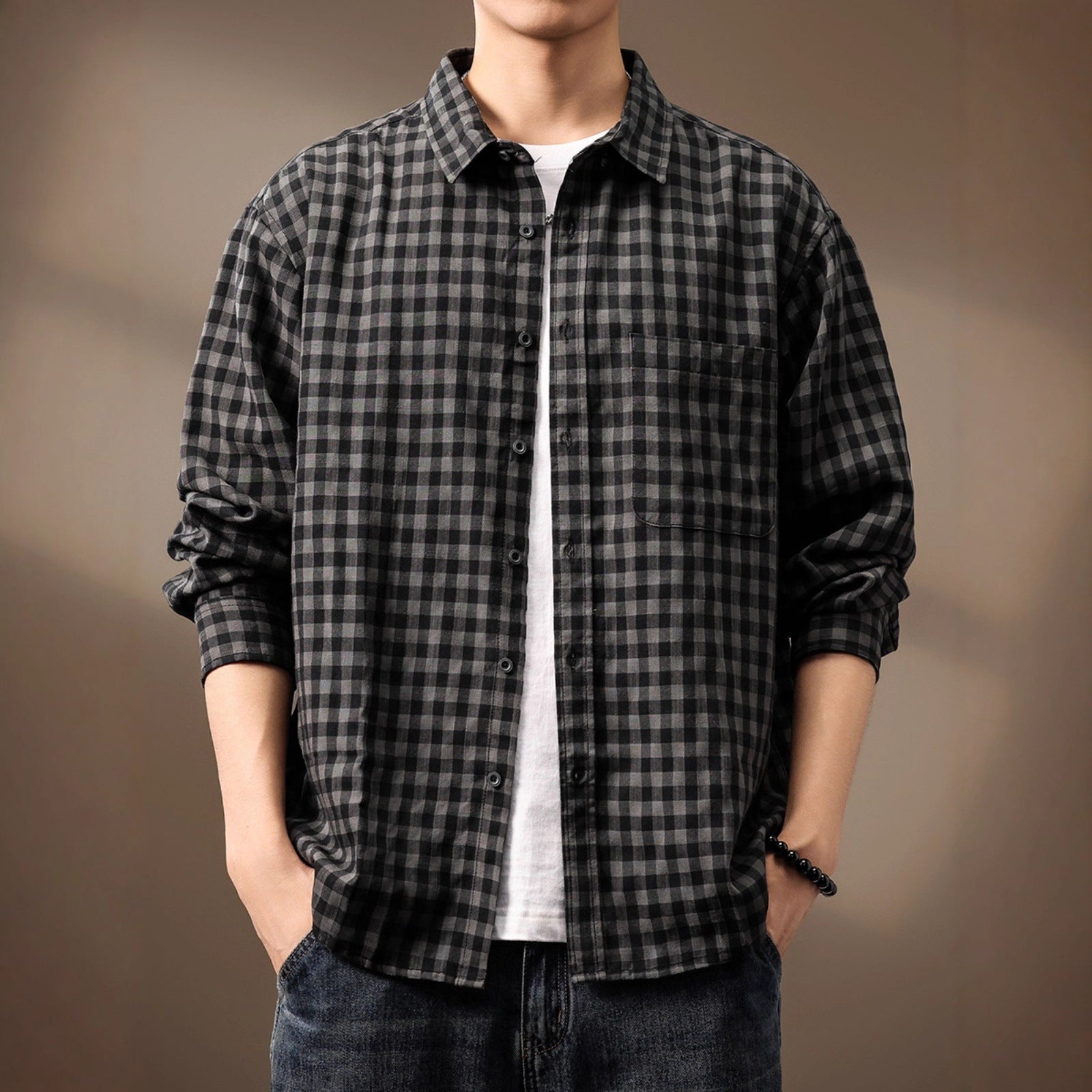 High-end Tencel Woven Plaid Shirt Men's Loose Casual Versatile Workwear Shirt Jacket