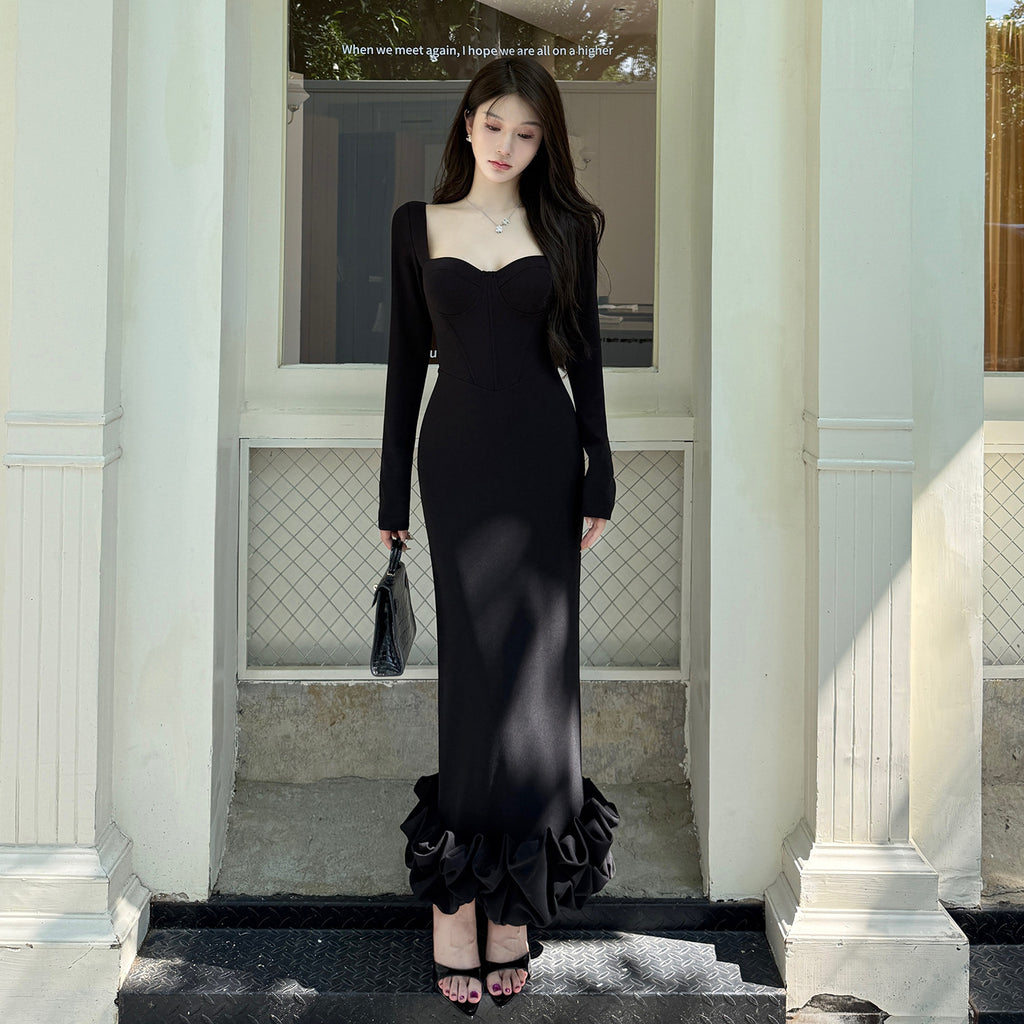 Long sleeved floral bud sexy waist design dress