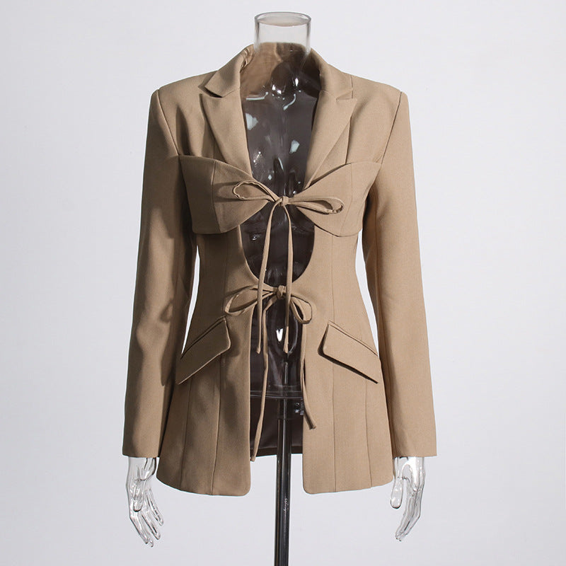 Irregular suit hollowed out lace up suit jacket for women