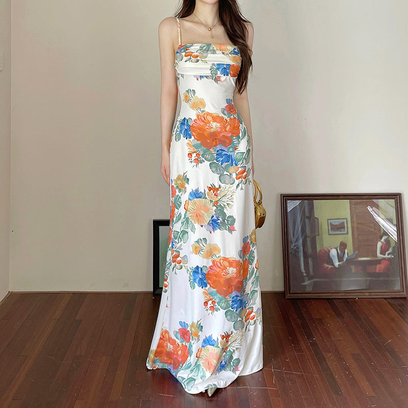 Square collar pleated waistband camisole French pleated dress