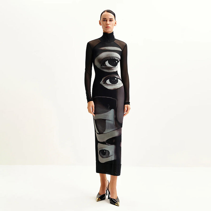 Printed round neck long sleeved mesh double layered long skirt