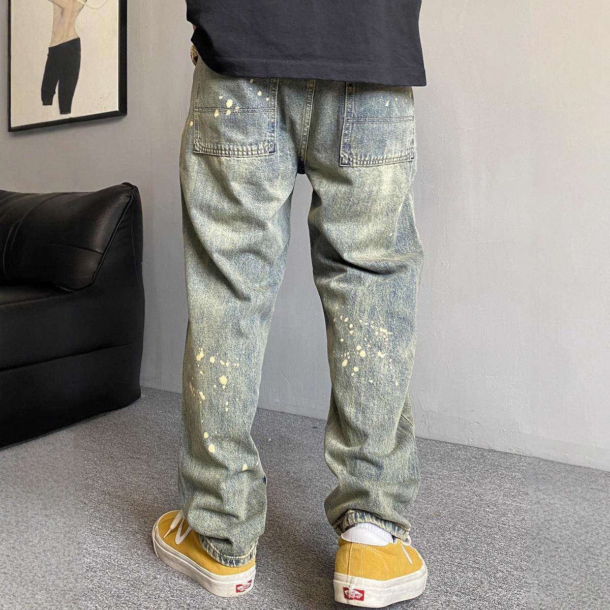 Style Winter Casual Streetwear Washed Vintage Splatter Denim Pants Men Straight Loose Oversize Versatile Tapered Jeans