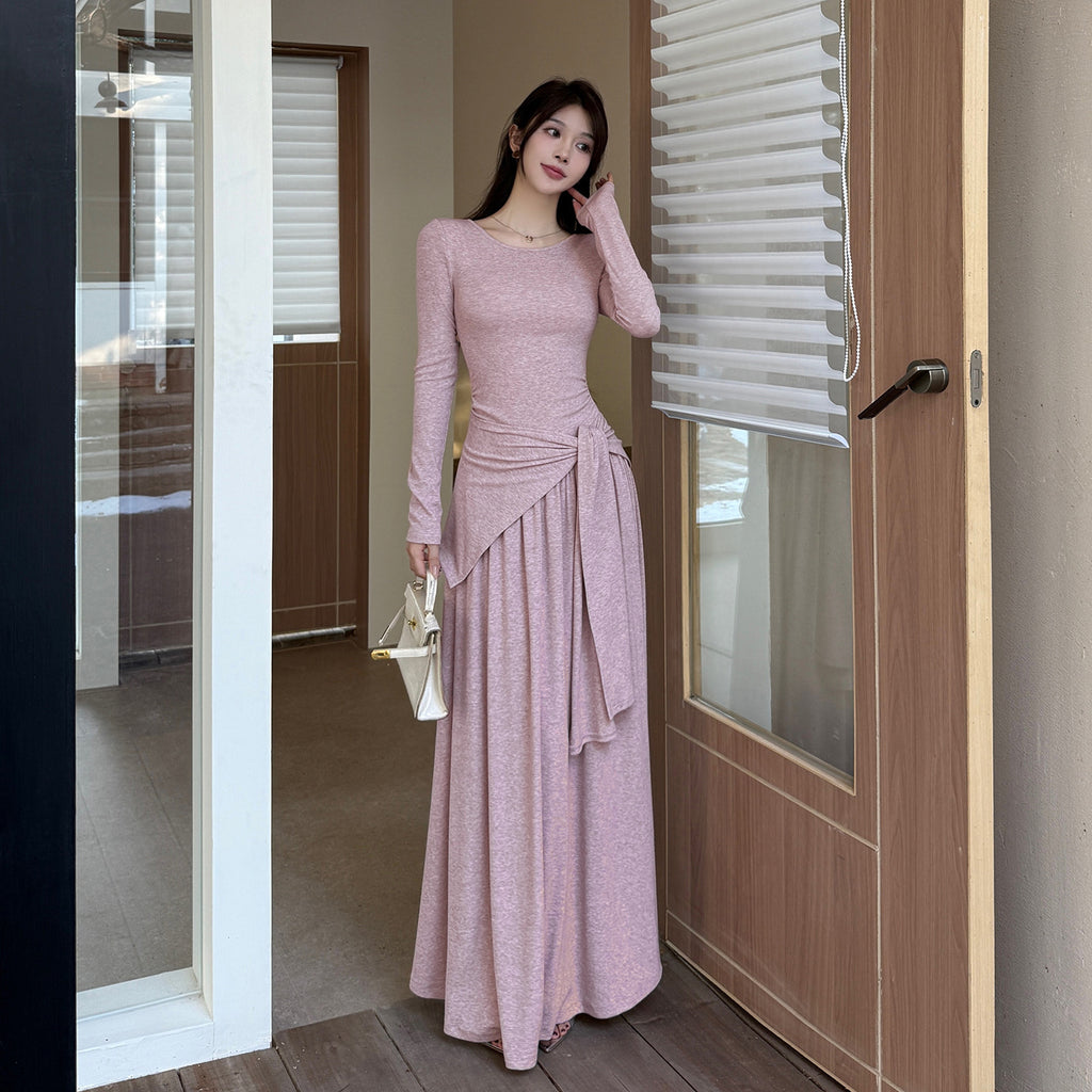 Waist up long sleeved simple lazy style big swing dress