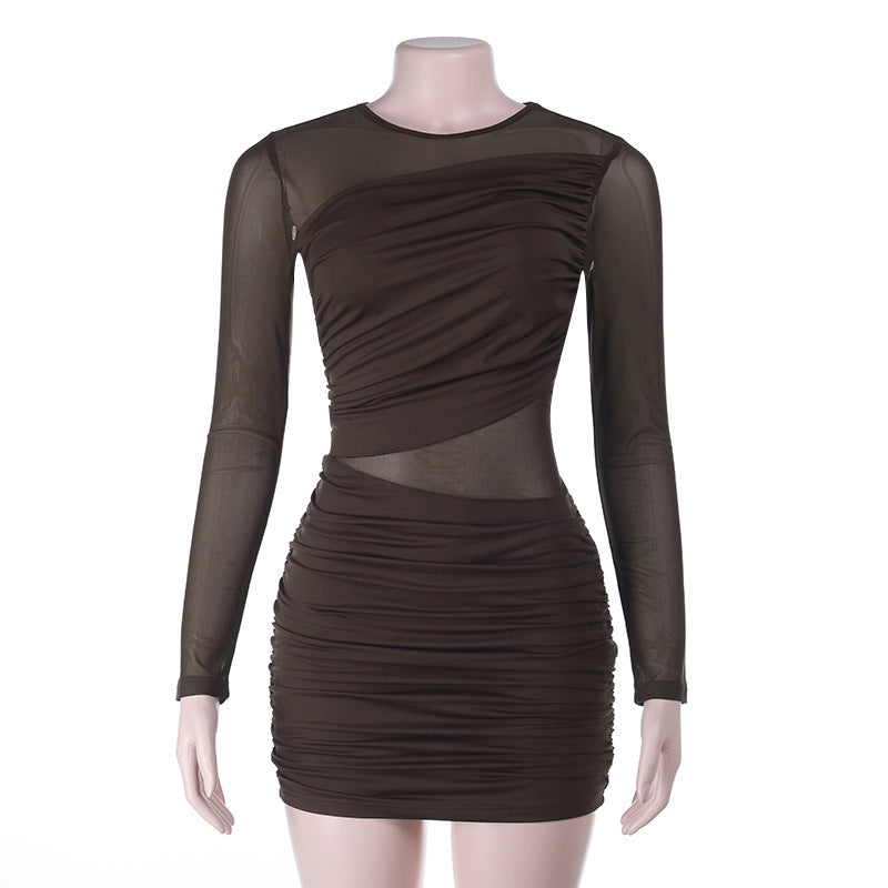 Perspective mesh splicing pleated high waisted long sleeved dress with wrapped buttocks