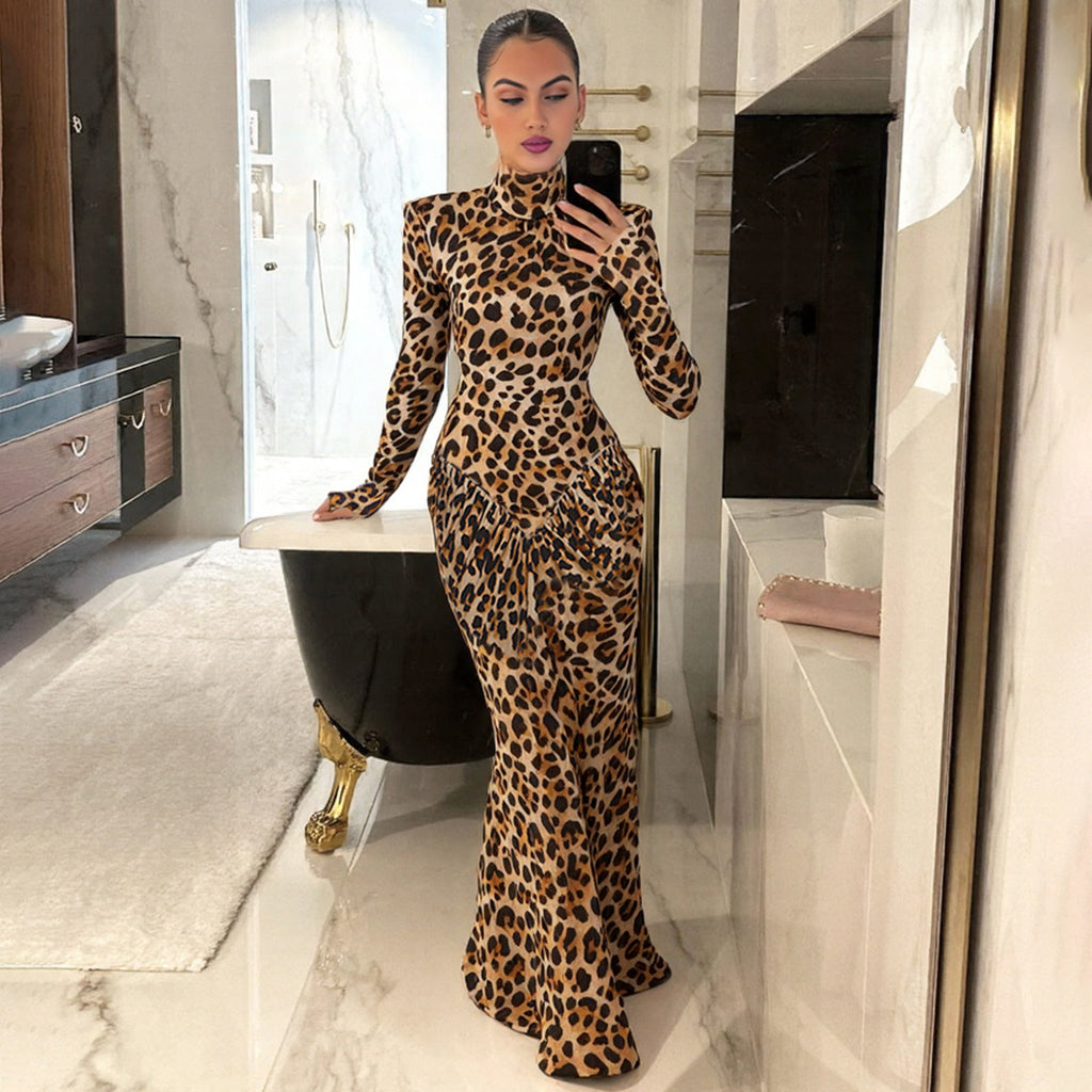 Sexy backless high neck long sleeved printed dress