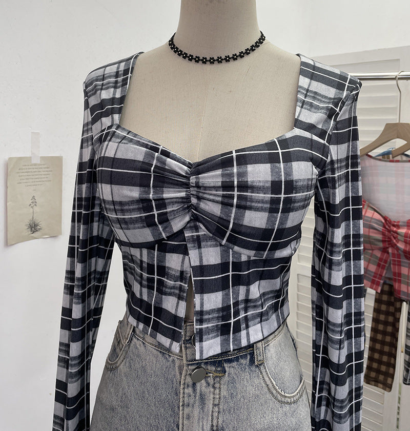 Square Neck Slit Plaid Short Crop Top
