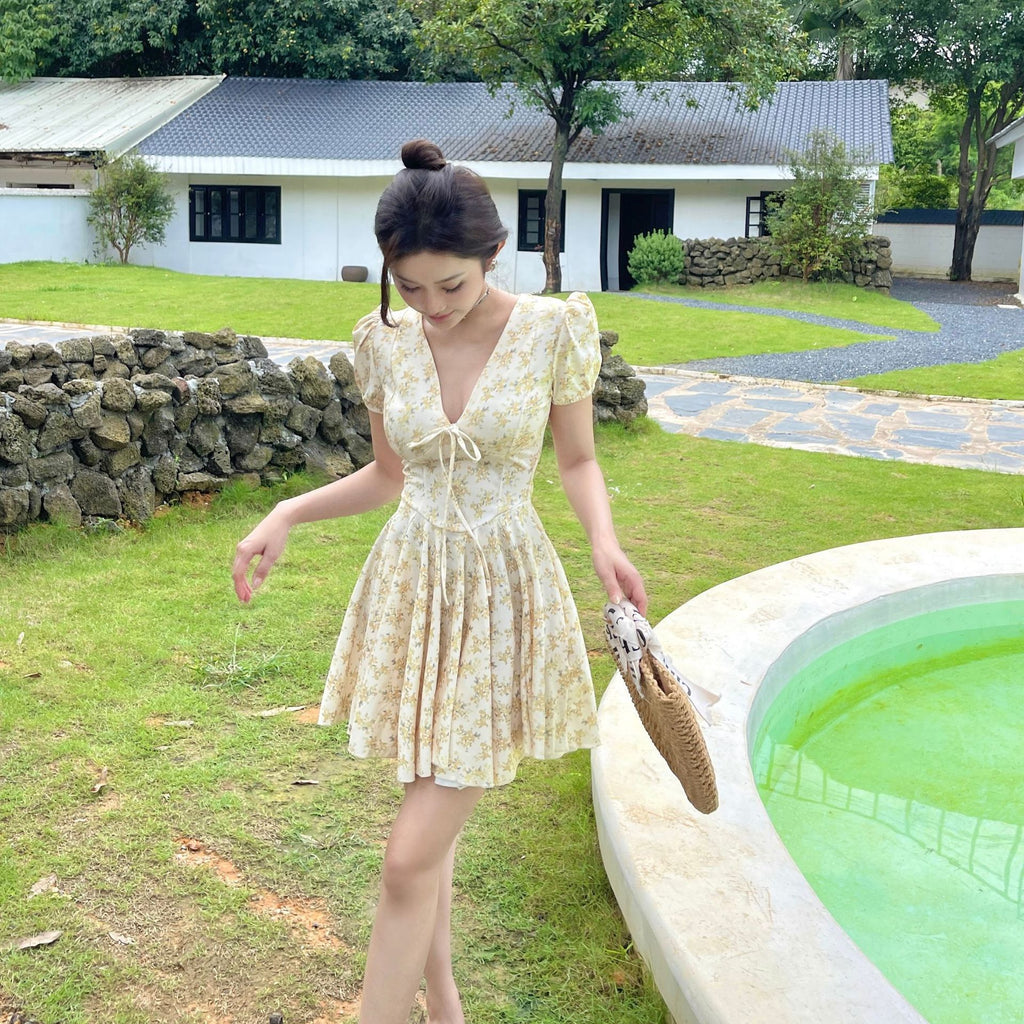 Sweet French Autumn Floral V-neck Dress