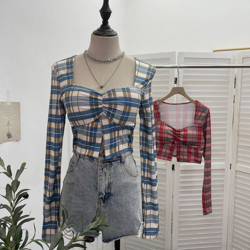 Square Neck Slit Plaid Short Crop Top