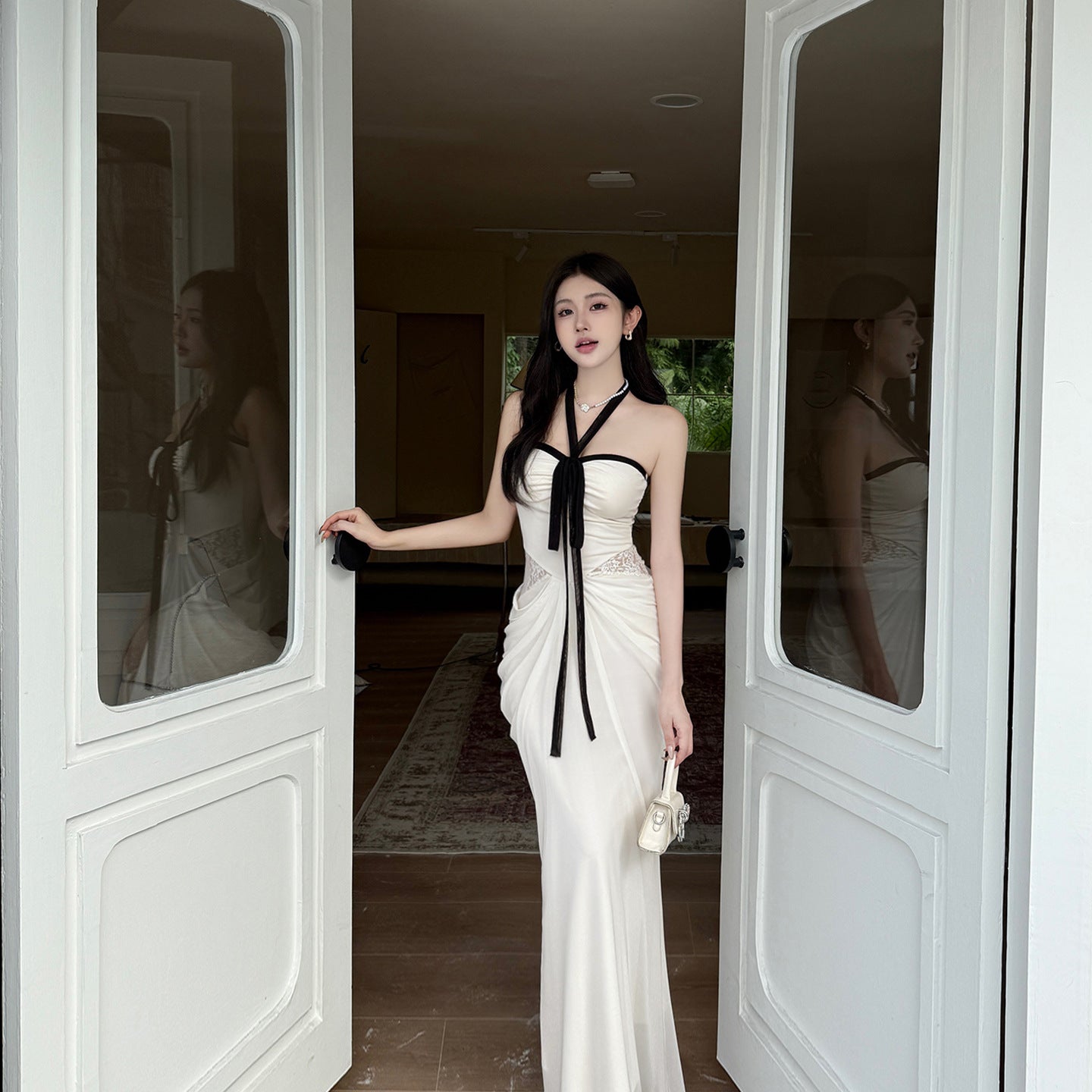 Ribbon French Pure Desire Style Slimming Waist Bag Hip Long Dress