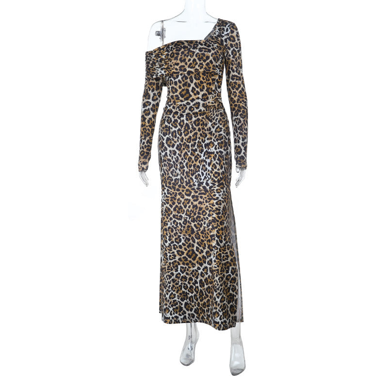 Square neck sexy leopard print slim fit dress