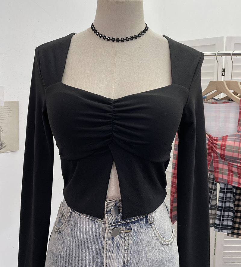 Square Neck Slit Plaid Short Crop Top