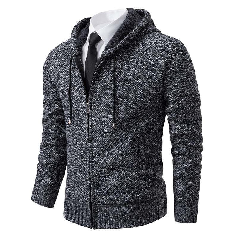 Autumn and winter men's cardigan sweater men's knitted sweater hooded and velvet casual men's knitted jacket