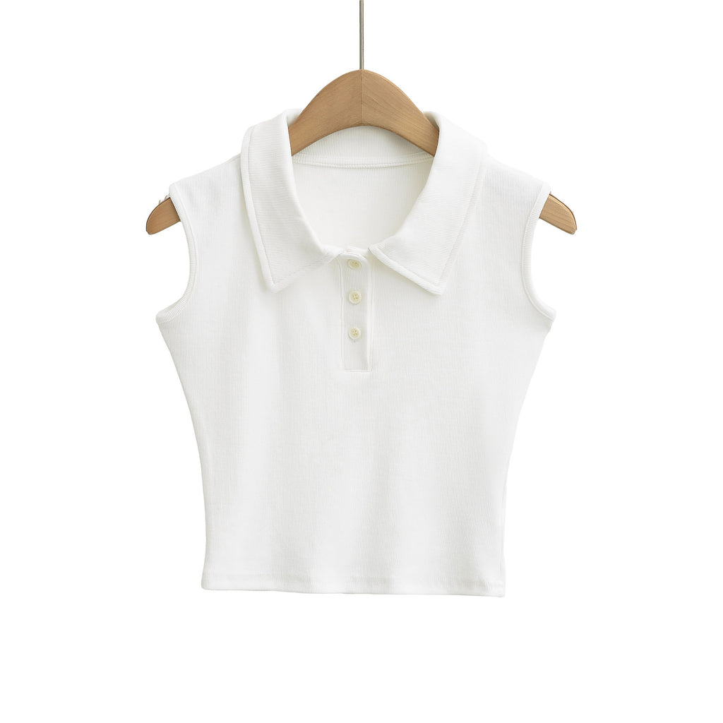 Polo Collar Buttoned Sleeveless Short Crop Top