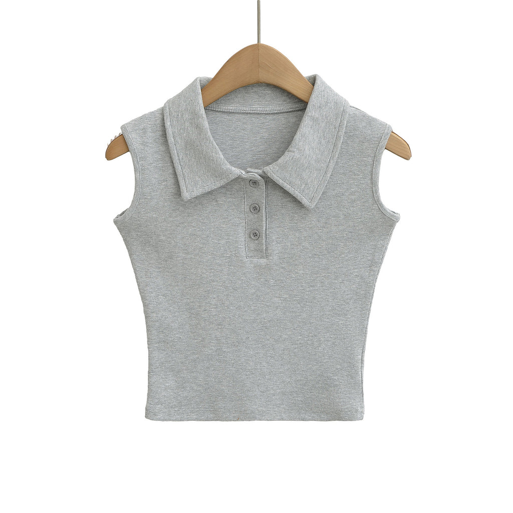 Polo Collar Buttoned Sleeveless Short Crop Top