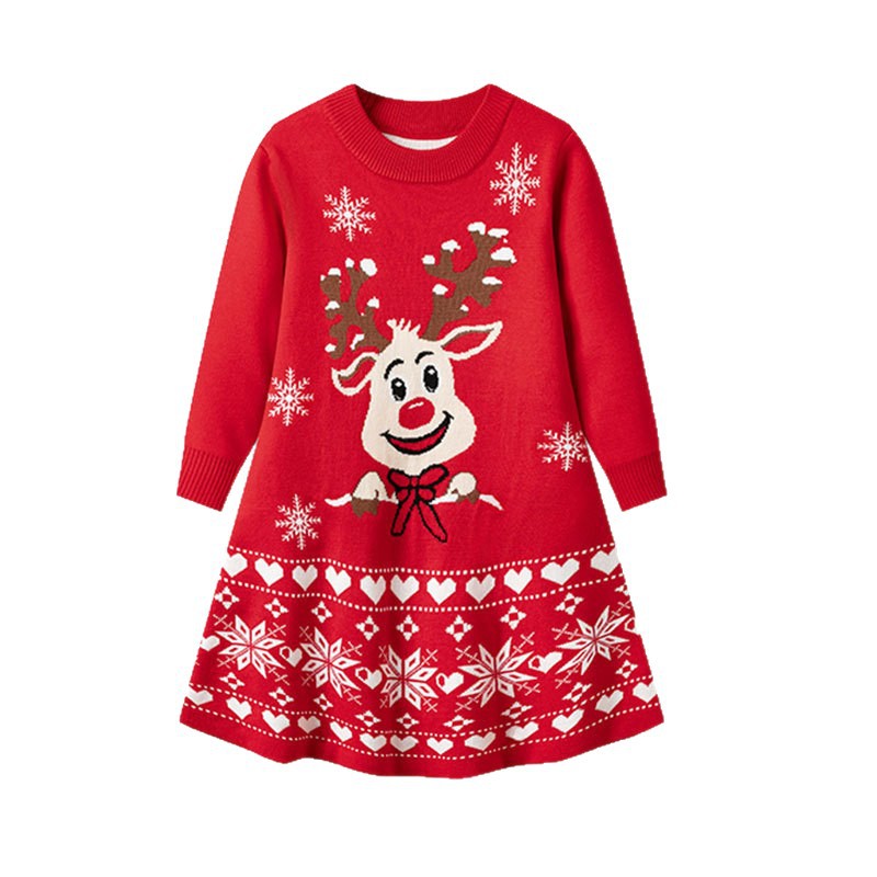 Christmas cartoon deer fur dress children's pullover knitted dress