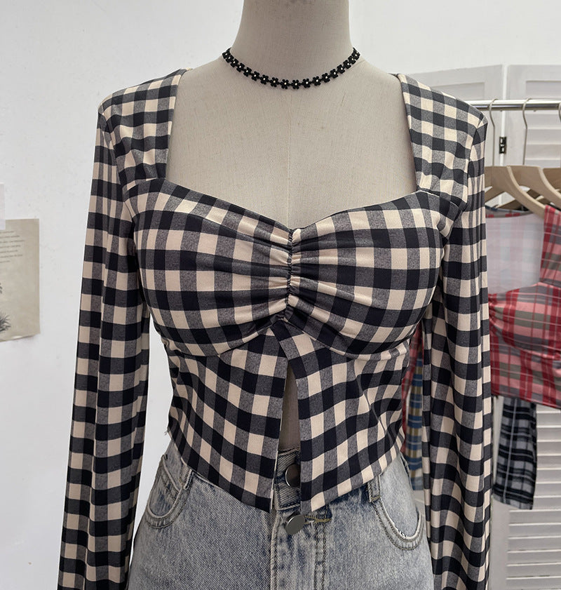 Square Neck Slit Plaid Short Crop Top