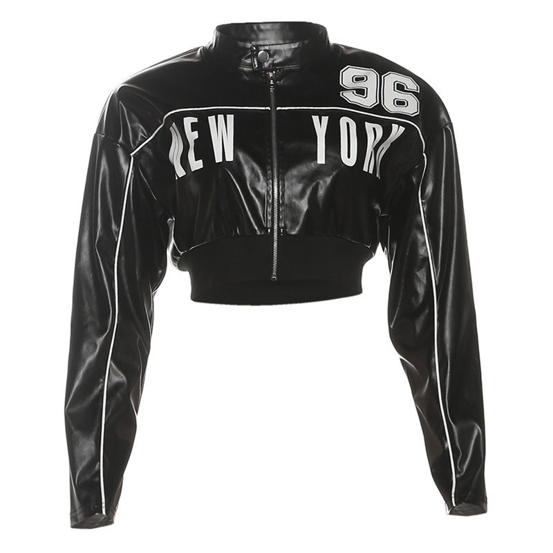 Short zipper leather jacket with printed patchwork for women