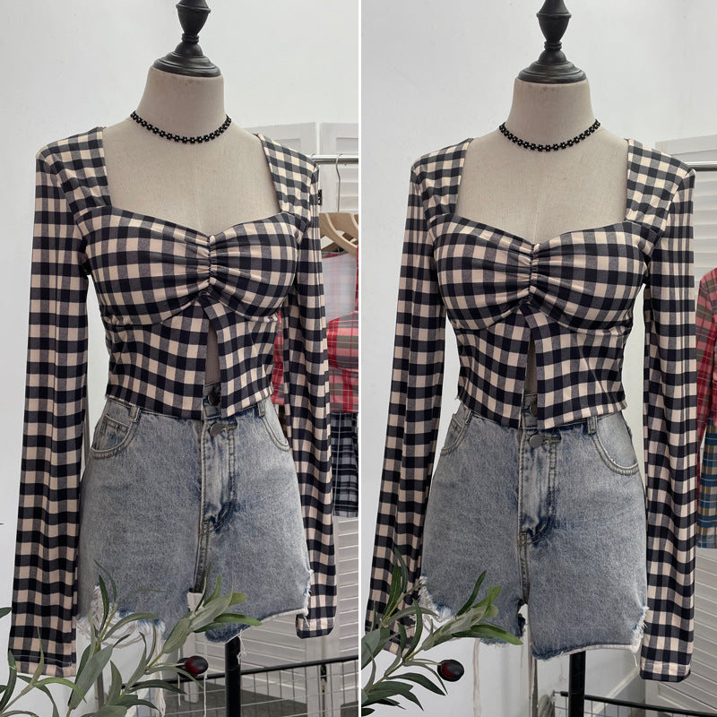 Square Neck Slit Plaid Short Crop Top