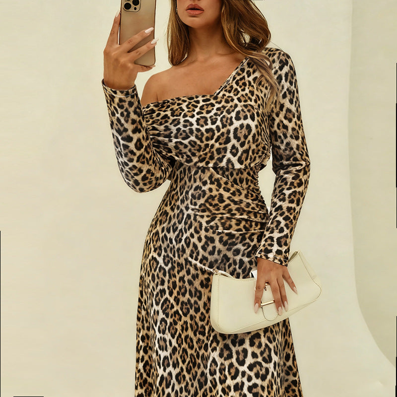 Square neck sexy leopard print slim fit dress
