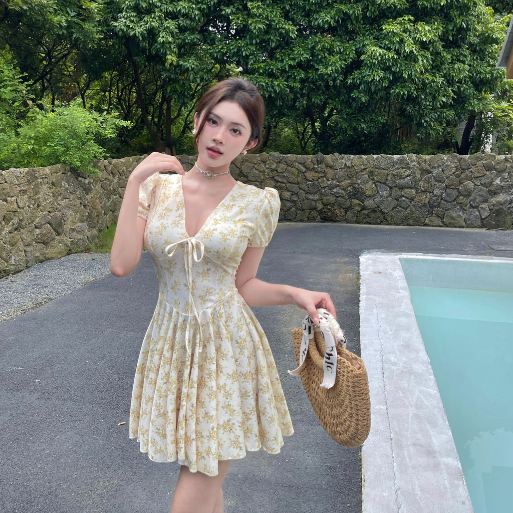 Sweet French Autumn Floral V-neck Dress