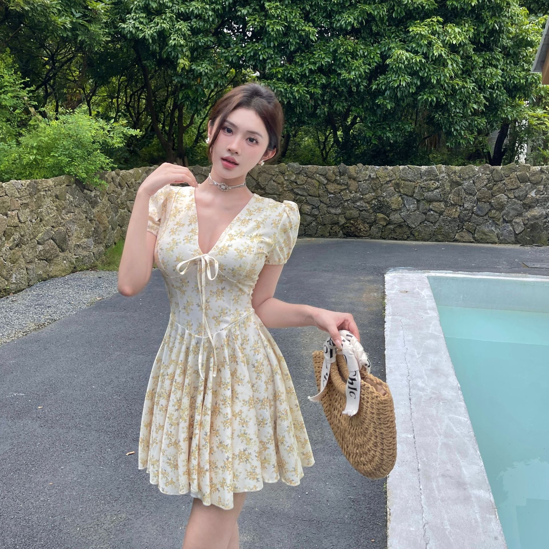 Sweet French Autumn Floral V-neck Dress