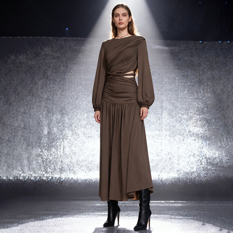 Knitted waistband pleated hem dress