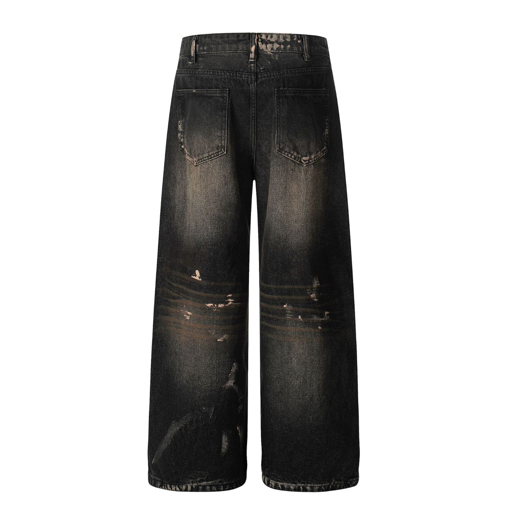 Retro Unisex Trendy Washed Black Splatter Design Men's Loose Wide-Leg Jeans