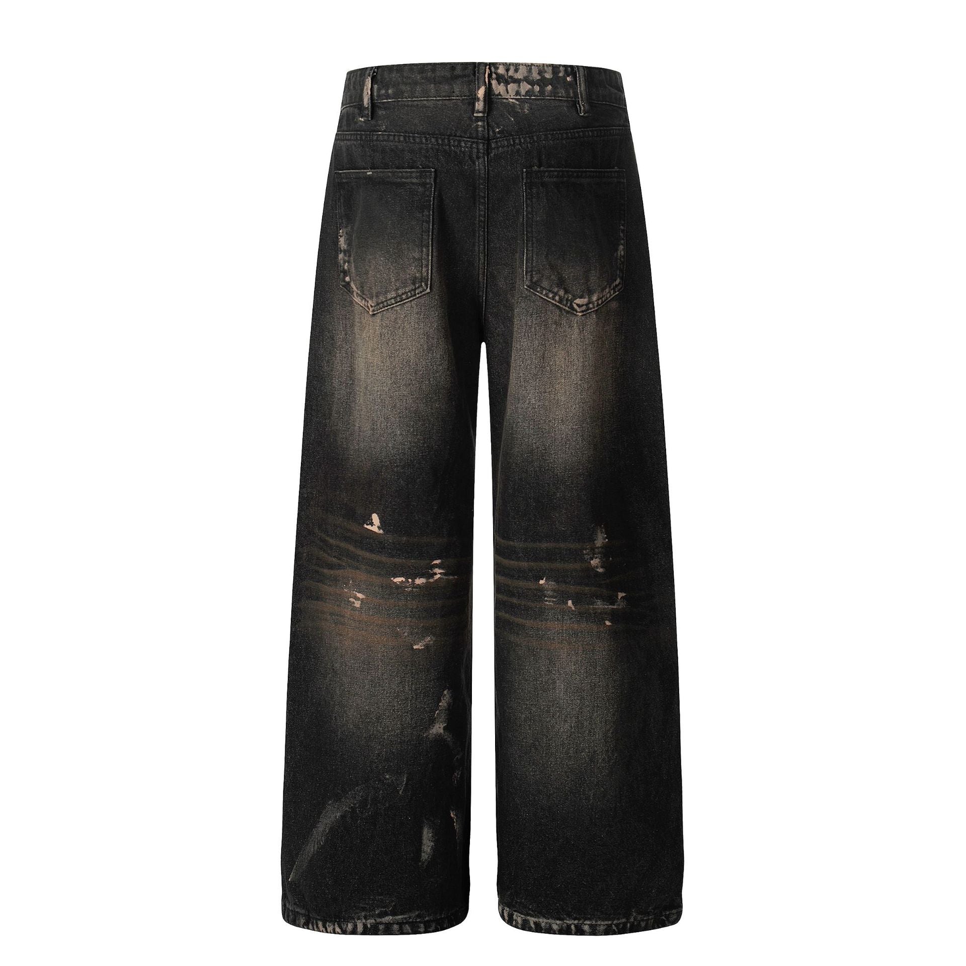 Retro Unisex Trendy Washed Black Splatter Design Men's Loose Wide-Leg Jeans